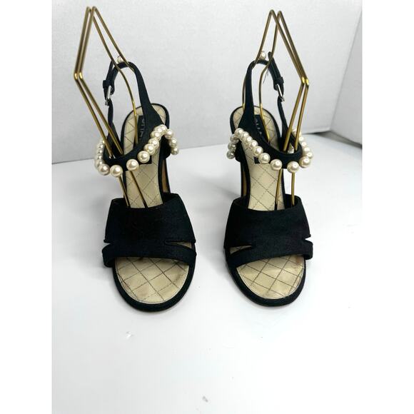 Chanel Black Grosgrain Faux Pearl Sandals EU 37.5 Luxury Designer Slide Sandals - Picture 9 of 12